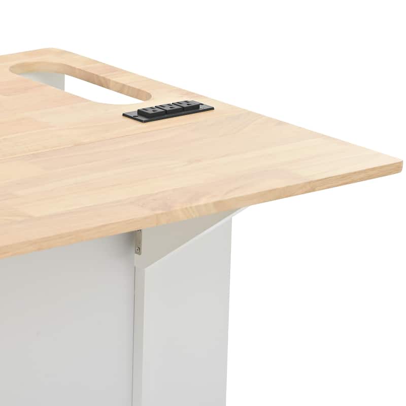 Kitchen Island with Power Outlet,Kitchen Storage Island with Drop Leaf and Rubber Wood,Open Storage and Wine Rack,5 Wheels