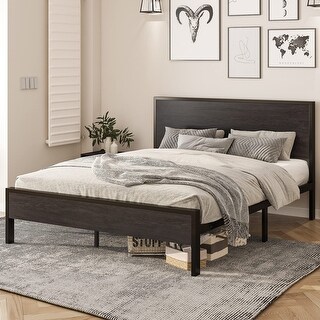 Queen Size Platform Bed Frame with Wood headboard and Footboard, Heavy Duty 13 Metal Slats, no ...