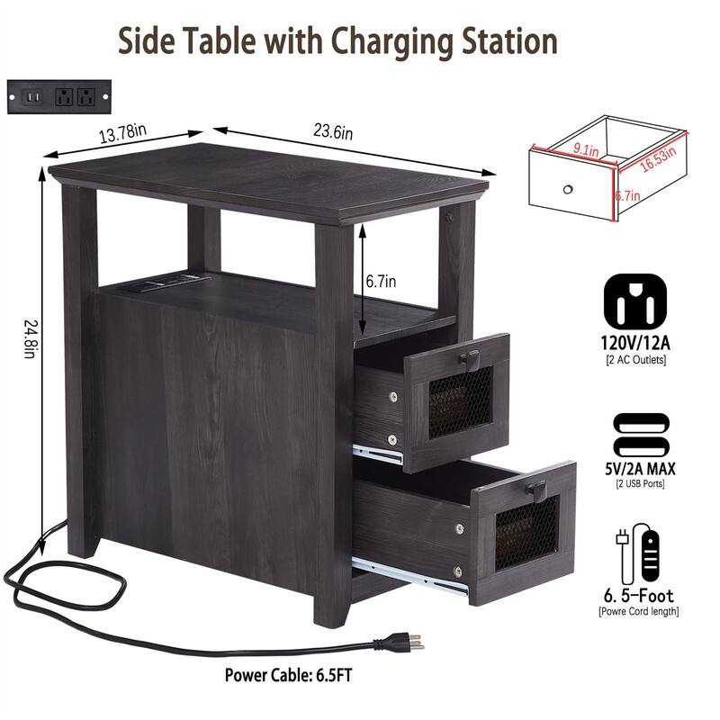 End Table with Charging Station - 13.78"D x 23.6"W x 24.8"H