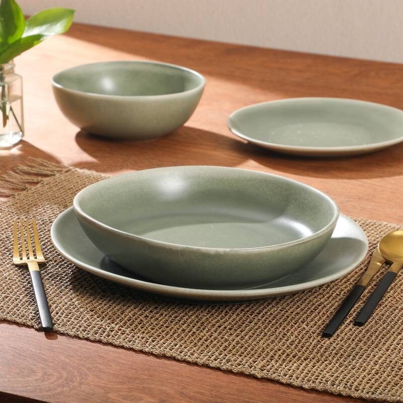 Gibson Elite Zion Mist 16 Piece Stoneware Reactive Glaze (Service for 4) Ceramic Plates and Bowls Modern Organic Dinnerware Set