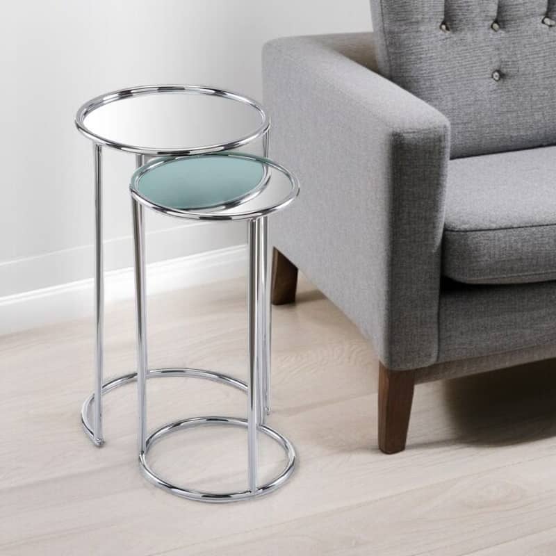 HomeRoots 22" Silver Aluminum Round Mirrored End Table - 12