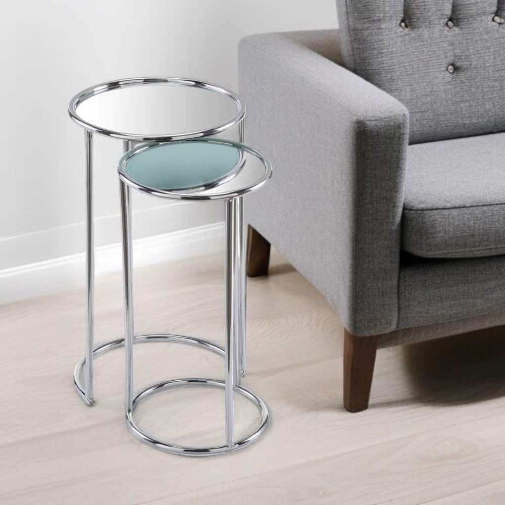 HomeRoots 22" Silver Aluminum Round Mirrored End Table - 12