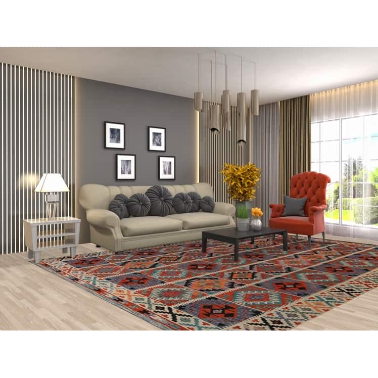 Geometric Kilim Oriental Area Rug Hand-Woven Multi-Color Wool Carpet - 8'4"x 11'6"