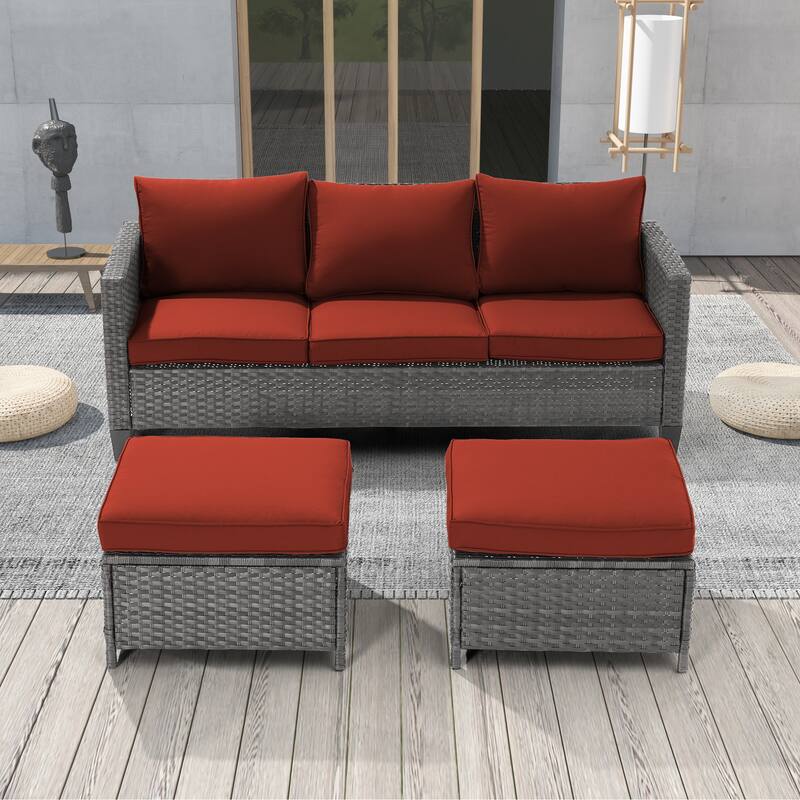 LIVOOSUN 3Pcs Patio Furniture Conversation Grey Rattan Patio Sofa Set - Rust Red
