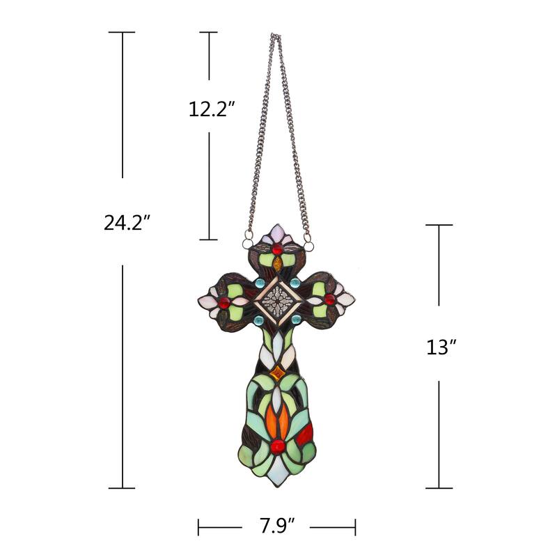 13" x 8" Victorian Design Cross Stained Glass Panel/ Suncatcher