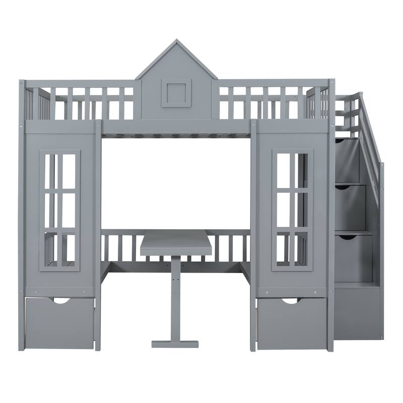 Full Over Full Convertible Loft Bed with Table, Seats, and Storage
