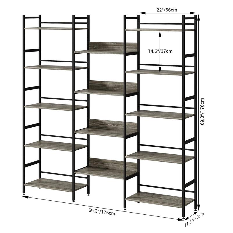 Triple Wide 5 Tier Bookshelf, Industrial Large Bookshelf with 4 Open Display Shelves - Grey