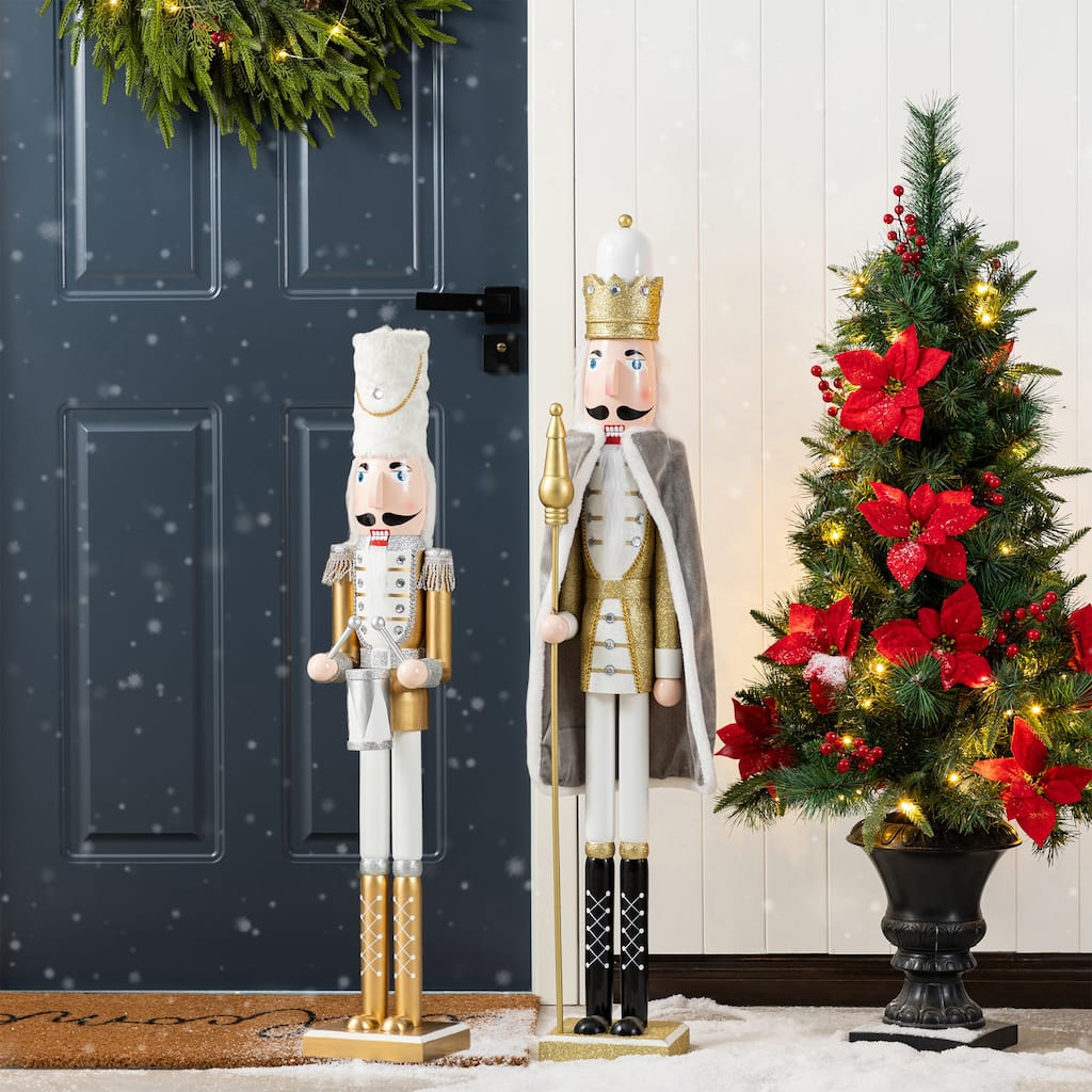 Glitzhome Set of 2 Wooden Christmas Gold Dressed King & Soldier Nutcrackers for Festive Party Fireplace Decor