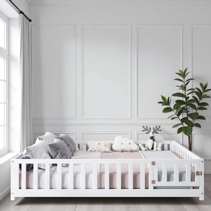 Full Size Montessori Floor Bed with Fence and Door, Solid Wood Platform Bed with Slats for Kids and Toddlers