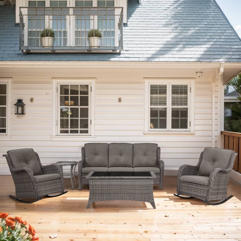 Gymojoy 5-Piece Outdoor Wicker Patio Furniture with 3 Seat Sofa, Rattan Coversation Set with Water Resistant Thick Cushions