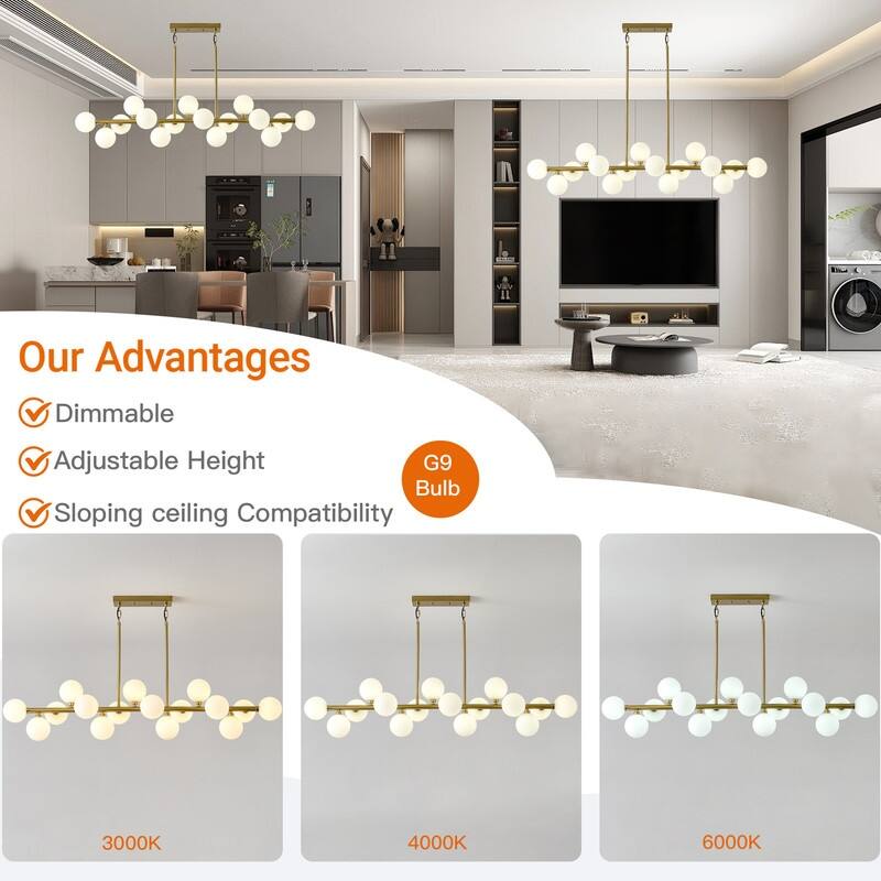 55in Modern Linear Chandeliers Large Pendant Lights Kitchen Island Lighting 16-Light Mid Century Sputnik Chandeliers
