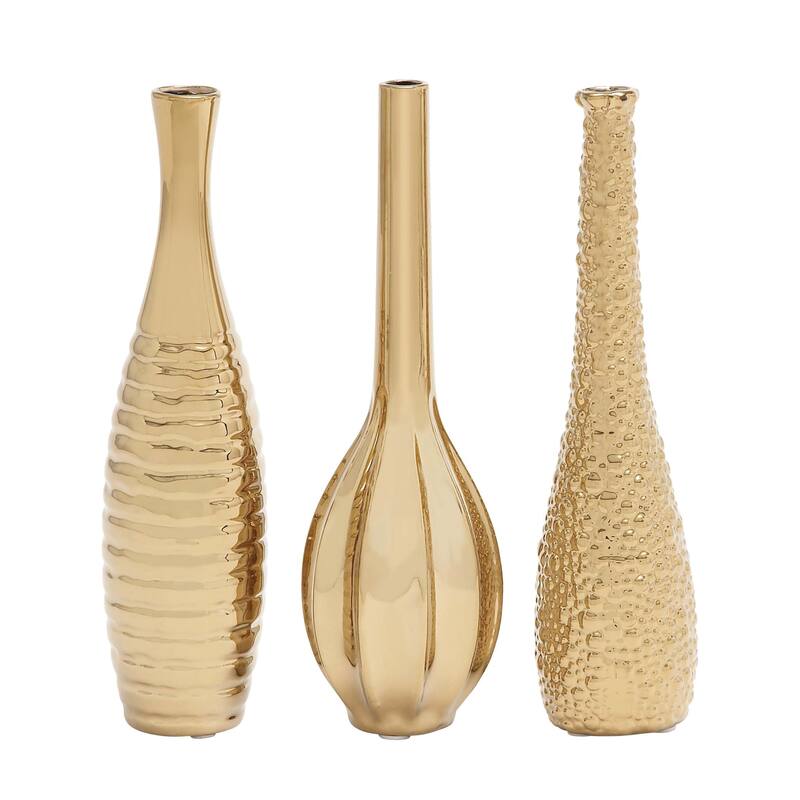 Ceramic Slim Textured Bottleneck Vase with Varying Patterns - Set of 3 Silver, Gold, White - Roche River Decor