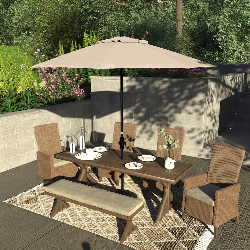 California Umbrella 9' Rd Patio Umbrella Black Aluminum Frame Fiberglass Ribs Crank Lift Collar Tilt, Sunbrella Cilantro