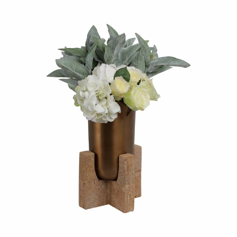Metal and Stone Vase with Aluminum and Travertine Base Tabletop Decor