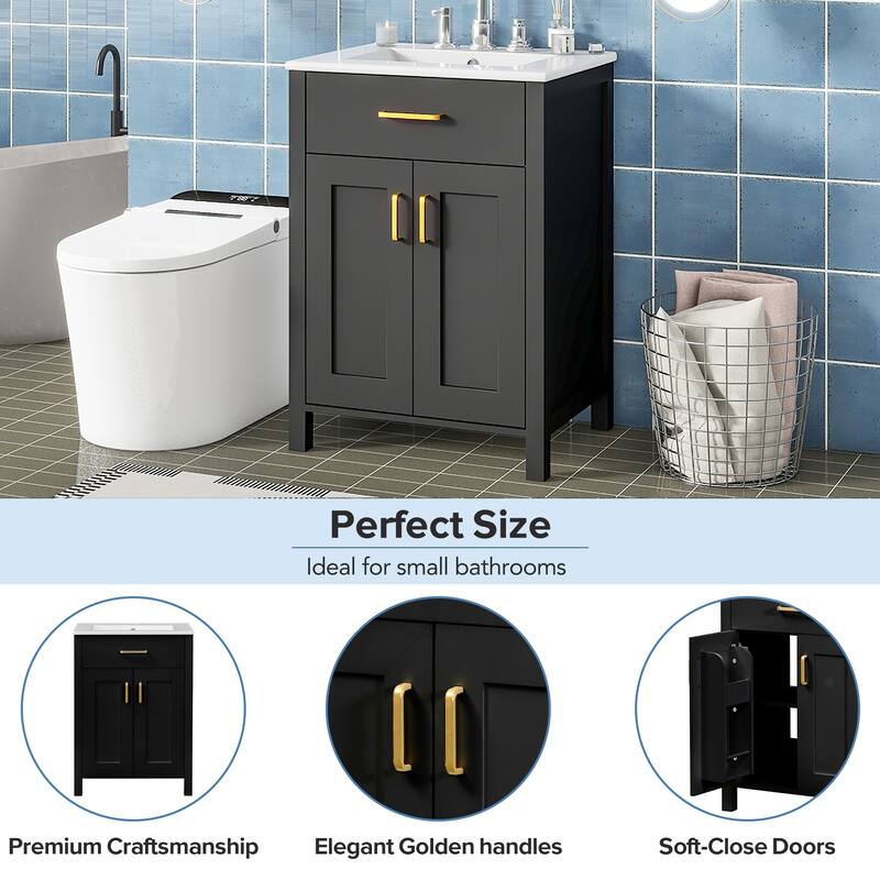Small Bathroom Vanity with Ceramic Sink, Bathroom Cabinet with 2 Soft Close Doors & Drawers, Freestanding Storage Cabinet