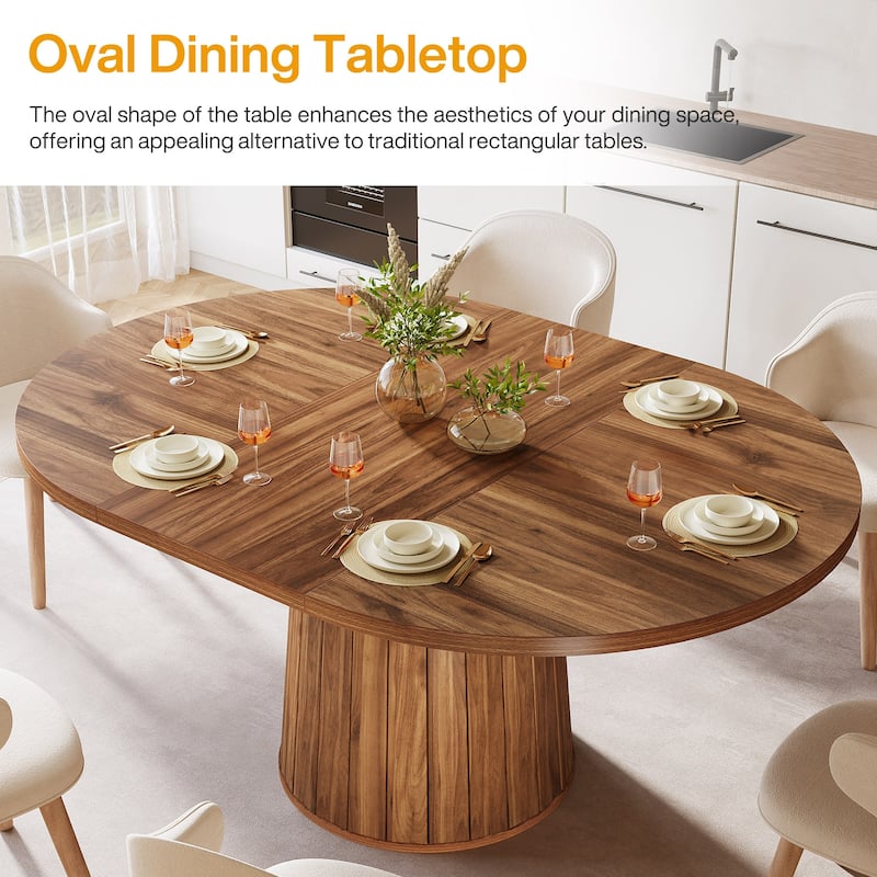 Brown Finish Manufactured Wood 6-Person Dining Table with Polygonal Cylinder Wooden Base - 55.11"L x 39.37"W x 29.92"H