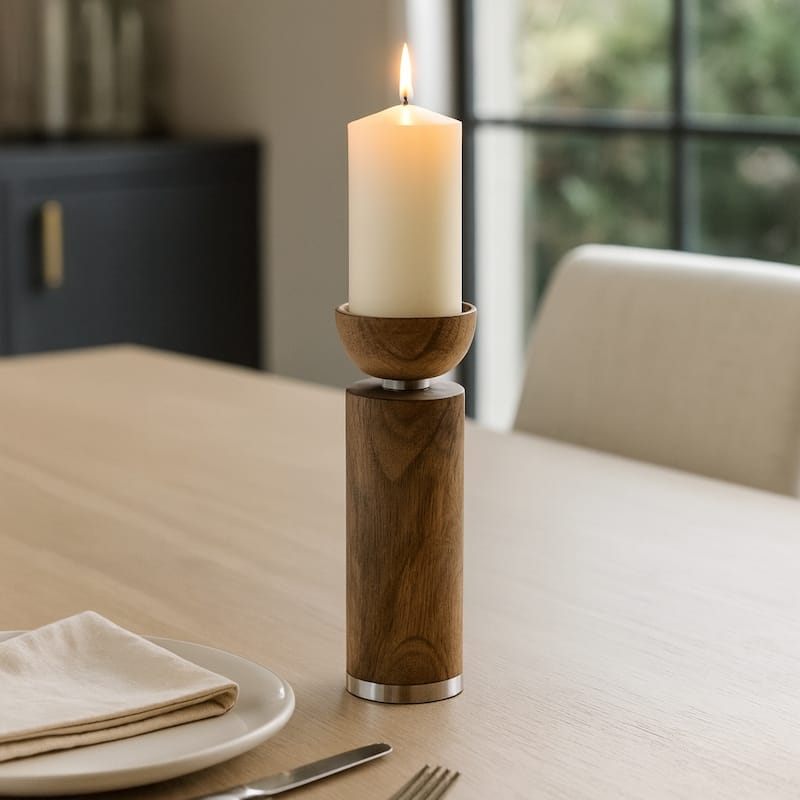 Wood Taper Candle Holder Acrylic Detail - Brown