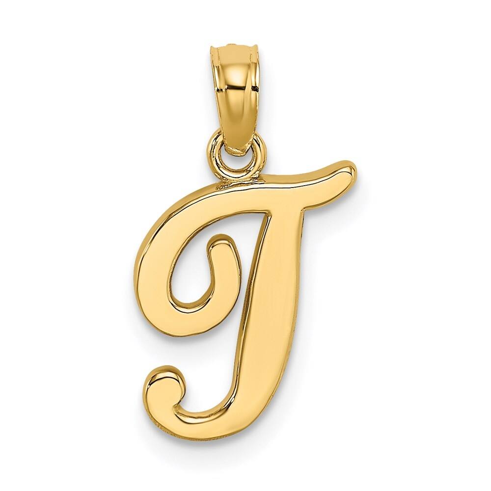 14K Yellow Gold Script Letter T Initial Pendant