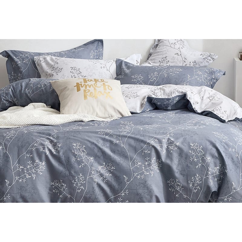 Tracy Blue/Gray Floral 100% Cotton Reversible Duvet Cover Set