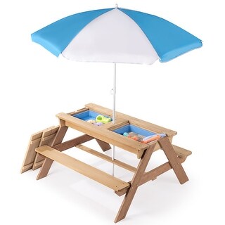 3-in-1 Kids Outdoor Wooden Picnic Table With Umbrella, Convertible Sand 