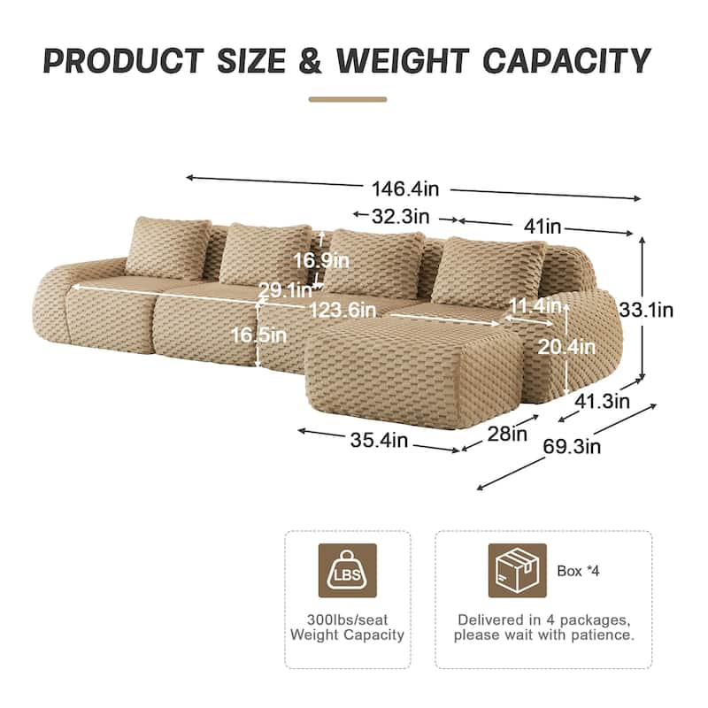 Roomfitters 114 Inch Modular Sectional Sofa, Oversized Flannelette 3-Seater, Light Camel