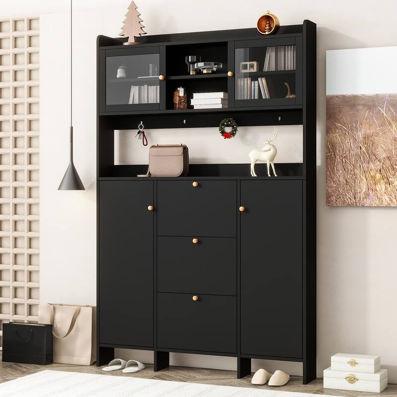 Tempered Glass Doors Hall Tree Black Shoe Cabinet with Open Storage ...