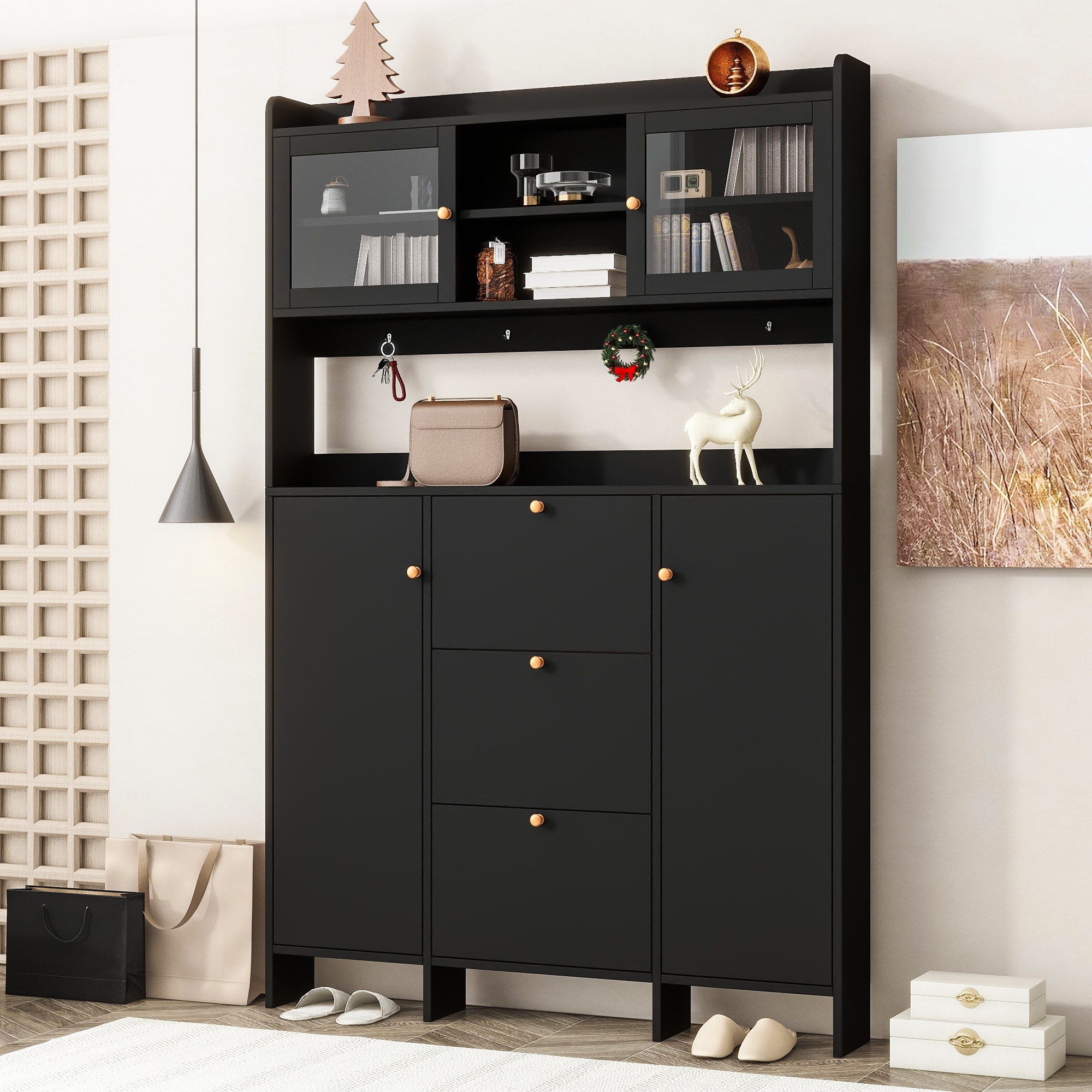 Tempered Glass Doors Hall Tree Black Shoe Cabinet with Open