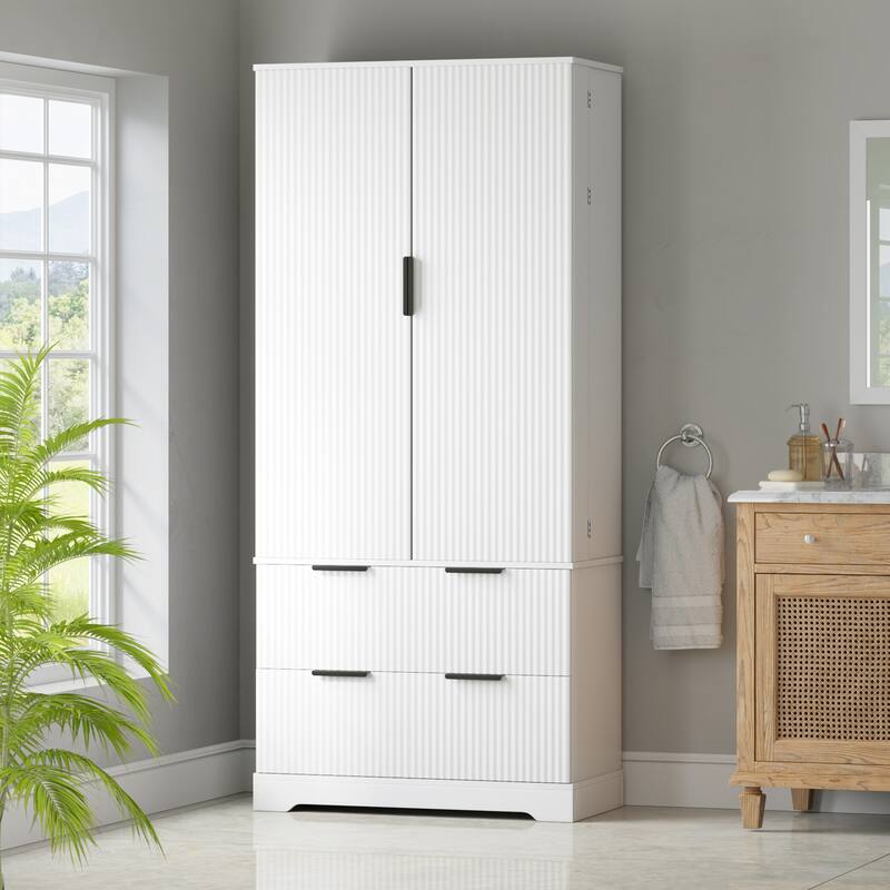 Roomfitters 72" Tall Fluted Kitchen Pantry Cabinet with 2 Large Deep Drawers & 8 Door Spice Racks - White