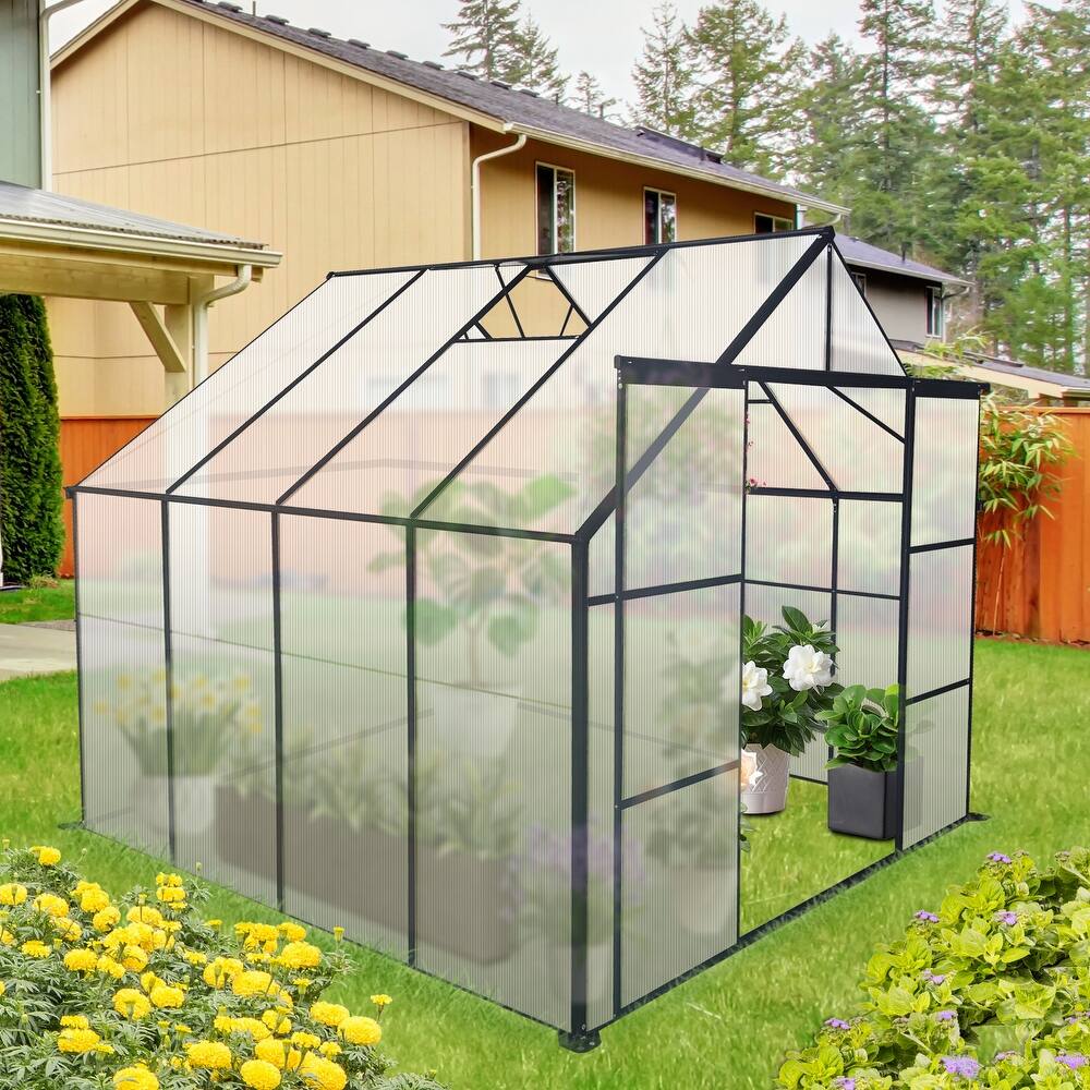 8x8 FT Double Door Polycarbonate Greenhouse Raised Base and Anchor Aluminum Heavy Duty Walk-in Greenhouses for Outdoor Backyard