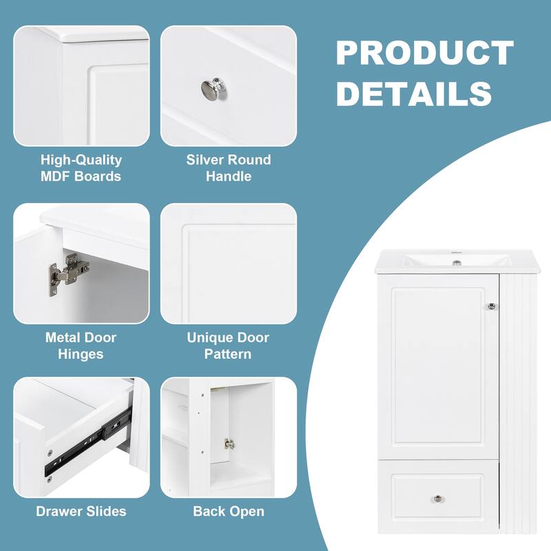 Roomfitters 20" Bathroom Vanity with Sink, Soft-Close Drawer, Side Open Shelves & Pinewood Towel Bar