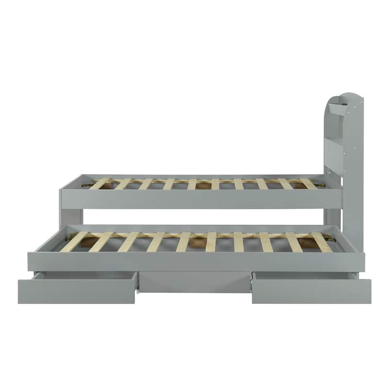Gray Twin XL Platform Bed with Storage LED Headboard, Charging Station, Trundle and 2 Drawers