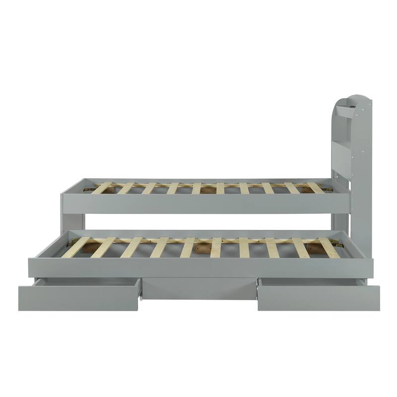 Twin XL Bed with LED Headboard, Charging Station, Trundle