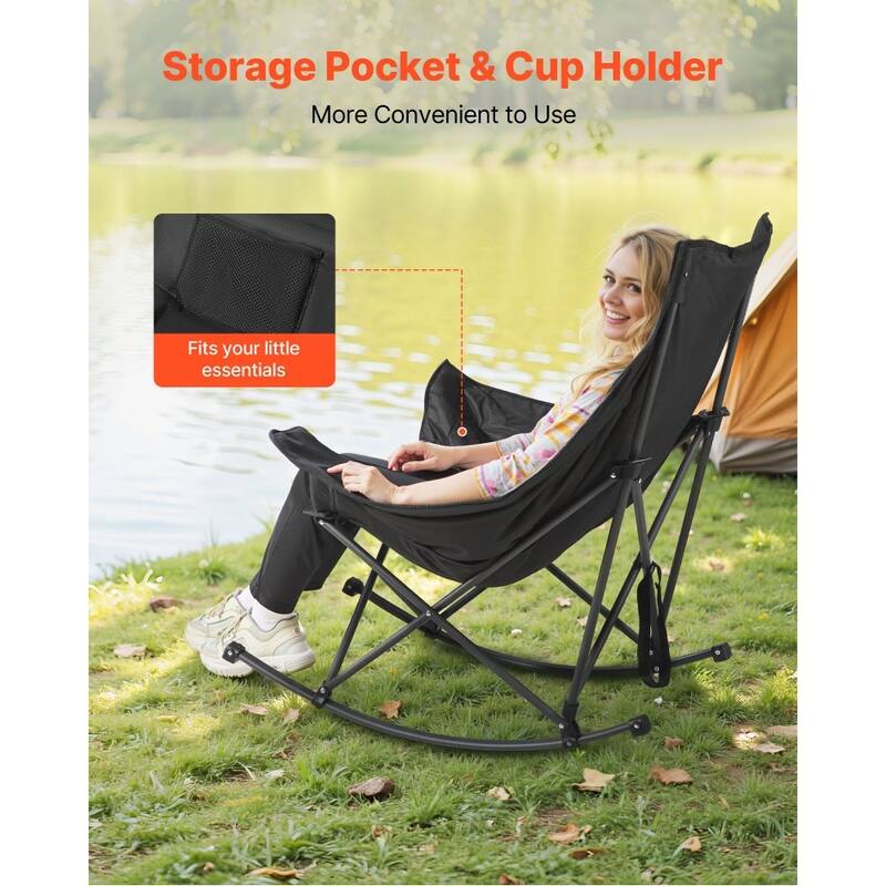 Black Grey Cotton-Padded Oxford Heated Rocking Camping Chair with Dual-Zone Warmth and Foldable Steel Frame