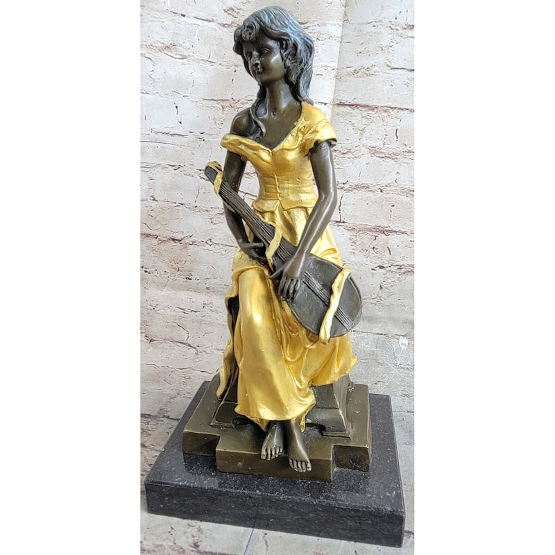 Vintage Banjo Playing Sitting Woman Sculpture Bronze Statue Figurine By Kossowski