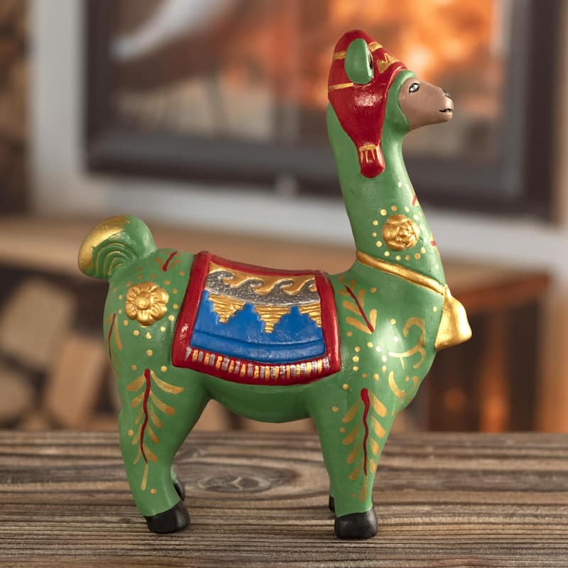 Novica Handmade Holiday Llama In Green Ceramic Statuette