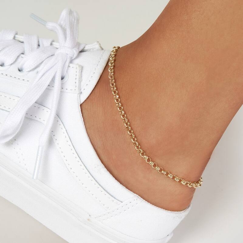 Curata 14k Yellow Gold 10" 3.8mm Hollow Rolo Chain Ankle Bracelet Anklet for women