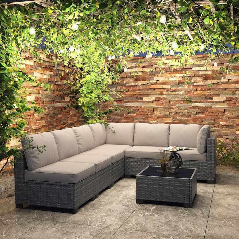 Patio Funiture Set 7 Pieces Outdoor Rattan with Detachable Soft Cushions Patio Conversation Sets