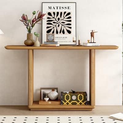 Natural Wood Veneer Console Table with Curved Corners and U-Base, 59.80" Hallway Tables Entryway Table Simple Assembly