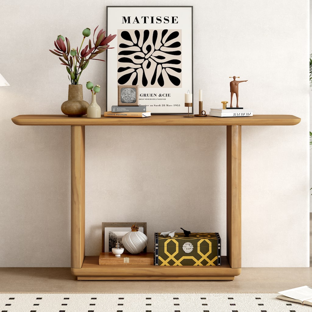 Natural Wood Veneer Console Table with Curved Corners and U-Base, 59.80" Hallway Tables Entryway Table Simple Assembly