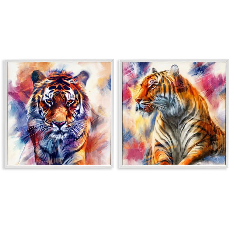 Stupell In The Wild Fierce Tiger Framed Giclee Art Design By Kim Allen (Set of 2) - 12 x 12 - White