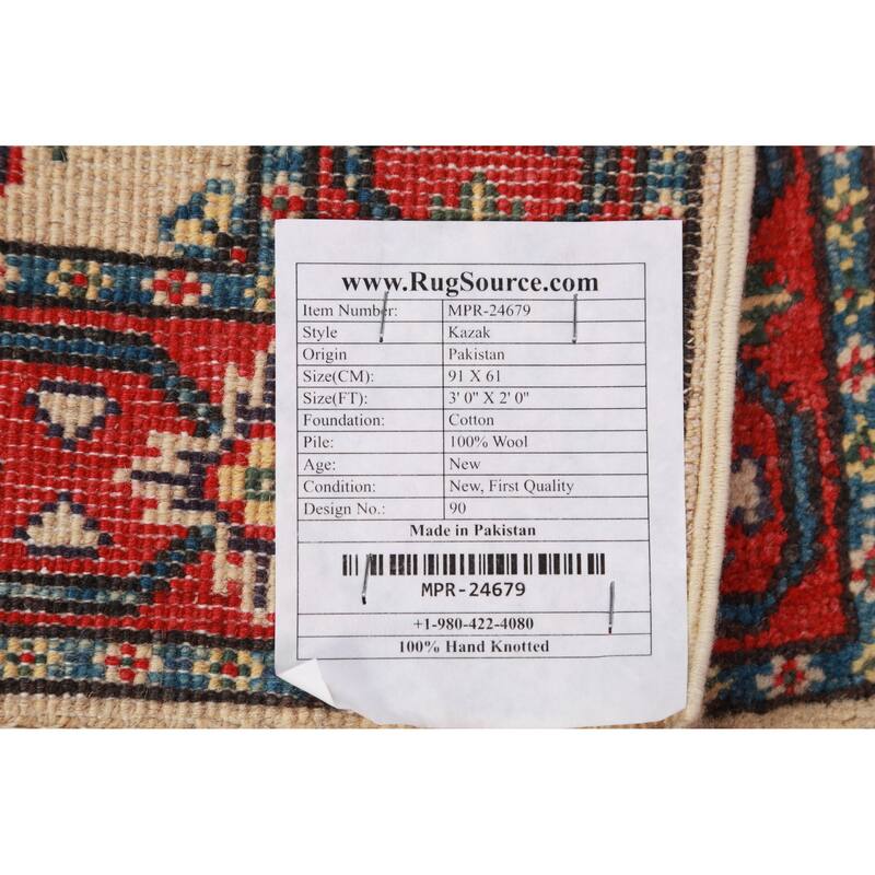 Traditional Kazak Rug Oriental Hand-Knotted Wool Carpet - 2'0"x 3'0"
