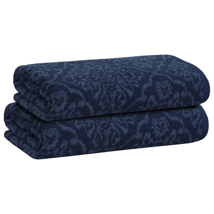 PREMIUS 2 Pack Damask 100% Cotton Yarn Dyed Hand Towel, 16x28 Inches - 16x28 Inches - Navy