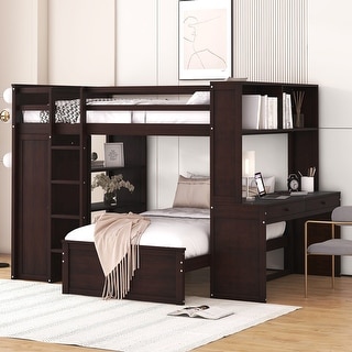 Versatility Full Size Loft Bed with Twin Size Wood Kids Bed Stand-alone Bed, Shelves,Desk and Wardrobe