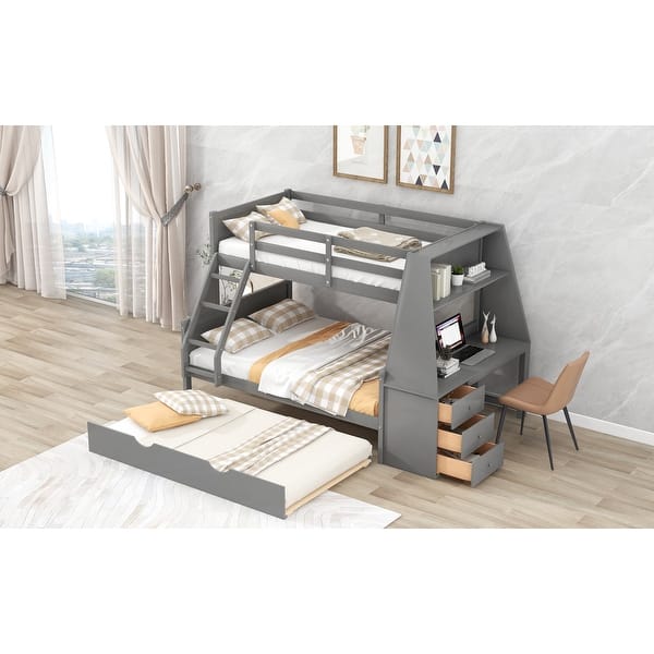 slide 2 of 30, Twin over Full Bunk Bed with Trundle, All-in-one Desk, Shelf, Drawers Gray - Twin