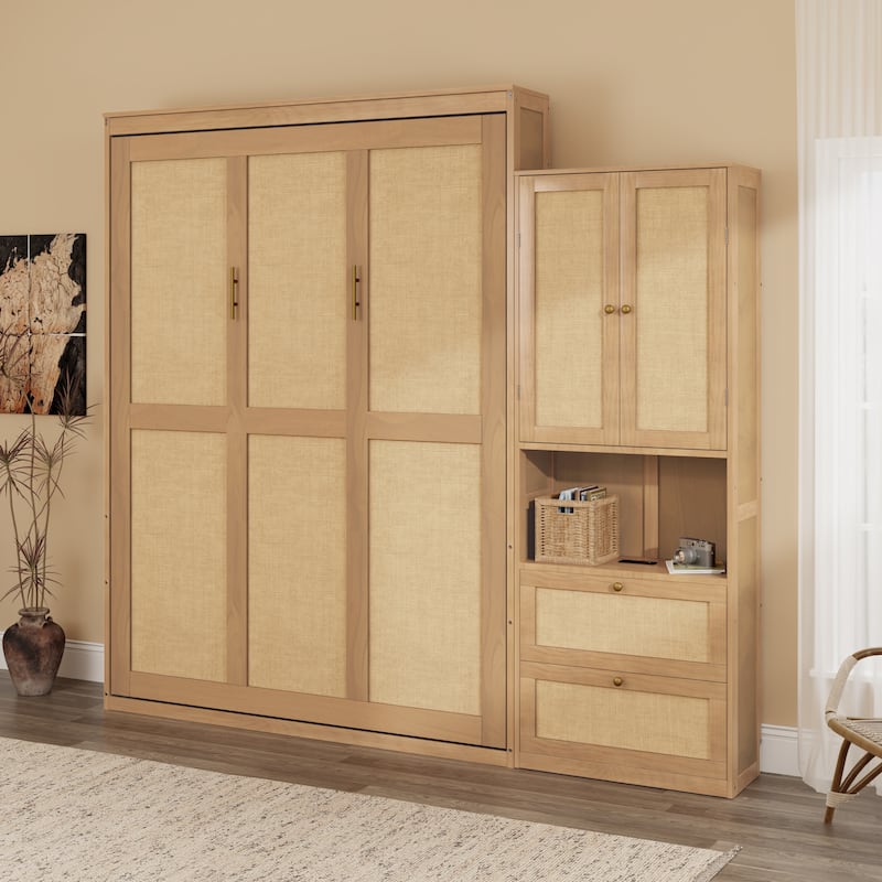 Foldable Bed Convert Cube Cabinet Rattan Murphy Bed Space-Saving Bed - Natural with Cabinet - Full