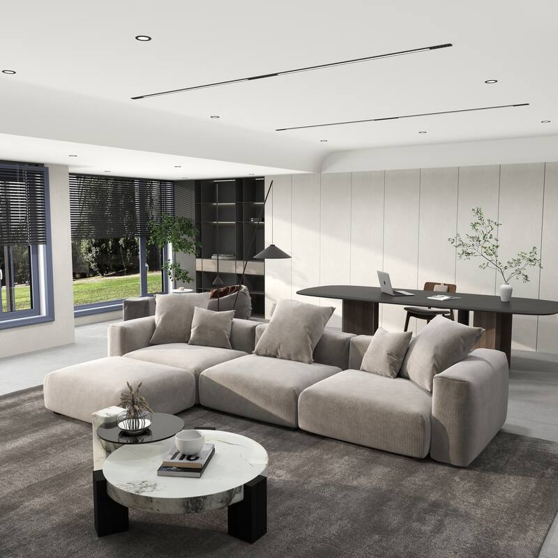 142" L-shape Oversized Corduroy Sectional Sofa Classic Deep Couch with Ottoman