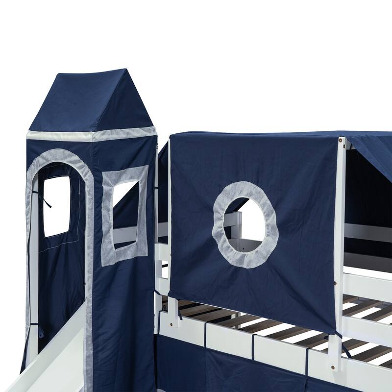 Twin Pine Loft Bed with Staircase, Slide, Tent, Tower, and Guardrail