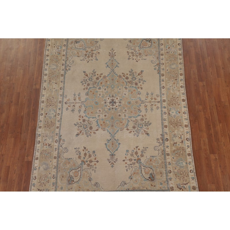 Vintage Geometric Distressed Tabriz Persian Rug Handmade Wool Carpet - 6'3" x 9'9"
