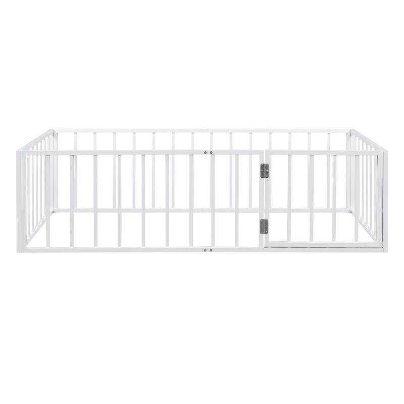 Twin/Full/Queen Size Floor Bed for Kids, Montessori Beds with Rails and Door, Metal Playhouse Bed Frame w/ Fence for Boys Girls