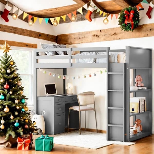 slide 2 of 26, Elegant Design Twin Size Muti-Functional Loft Bed with Ladder, Shelves, and Desk Gray
